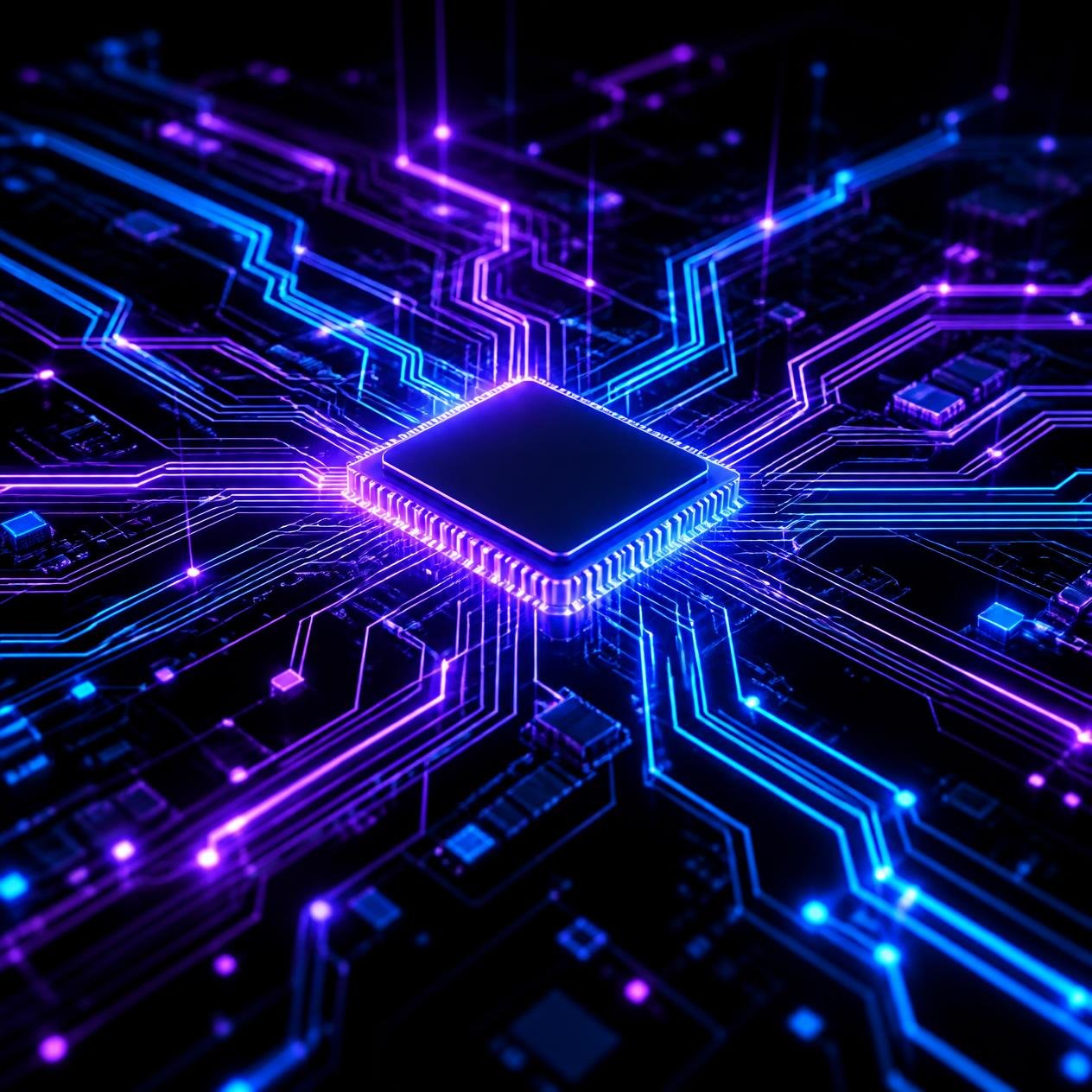 our-services-01 abstract digital circuit pattern with purple and blue glowing lines, futuristic technology, dark background, minimalist