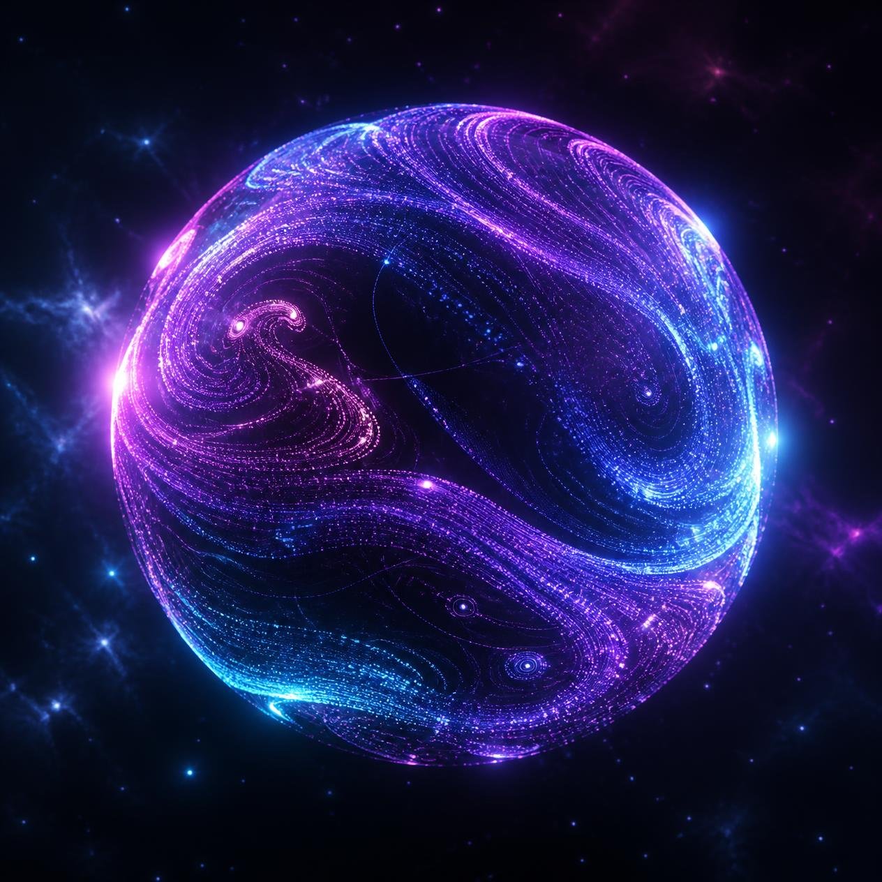 about-us abstract futuristic sphere made of glowing purple and blue digital particles, dark background, technology concept, elegant