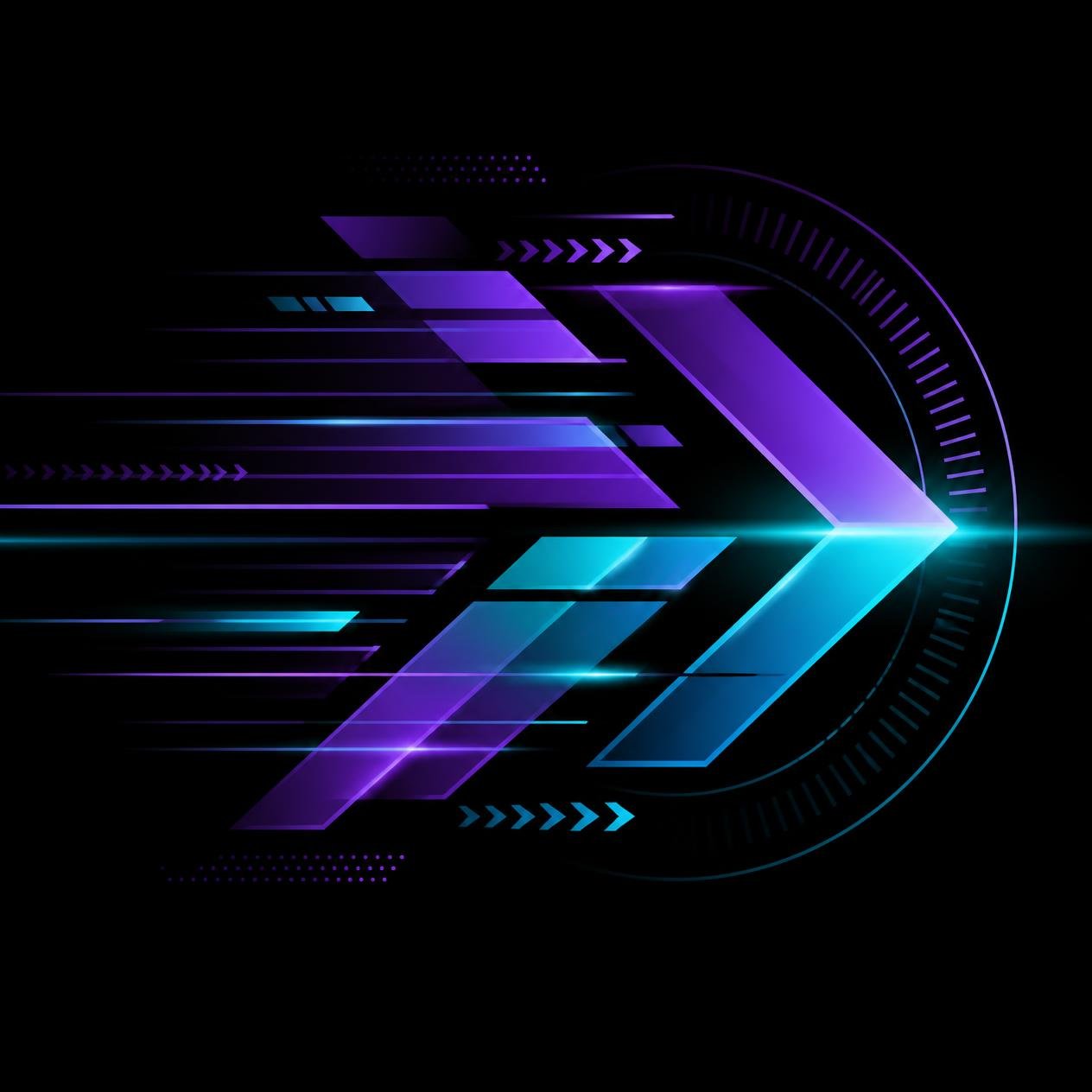 our-services-02 abstract geometric shapes representing efficiency and speed, purple and cyan gradient, futuristic minimalist design, dark background