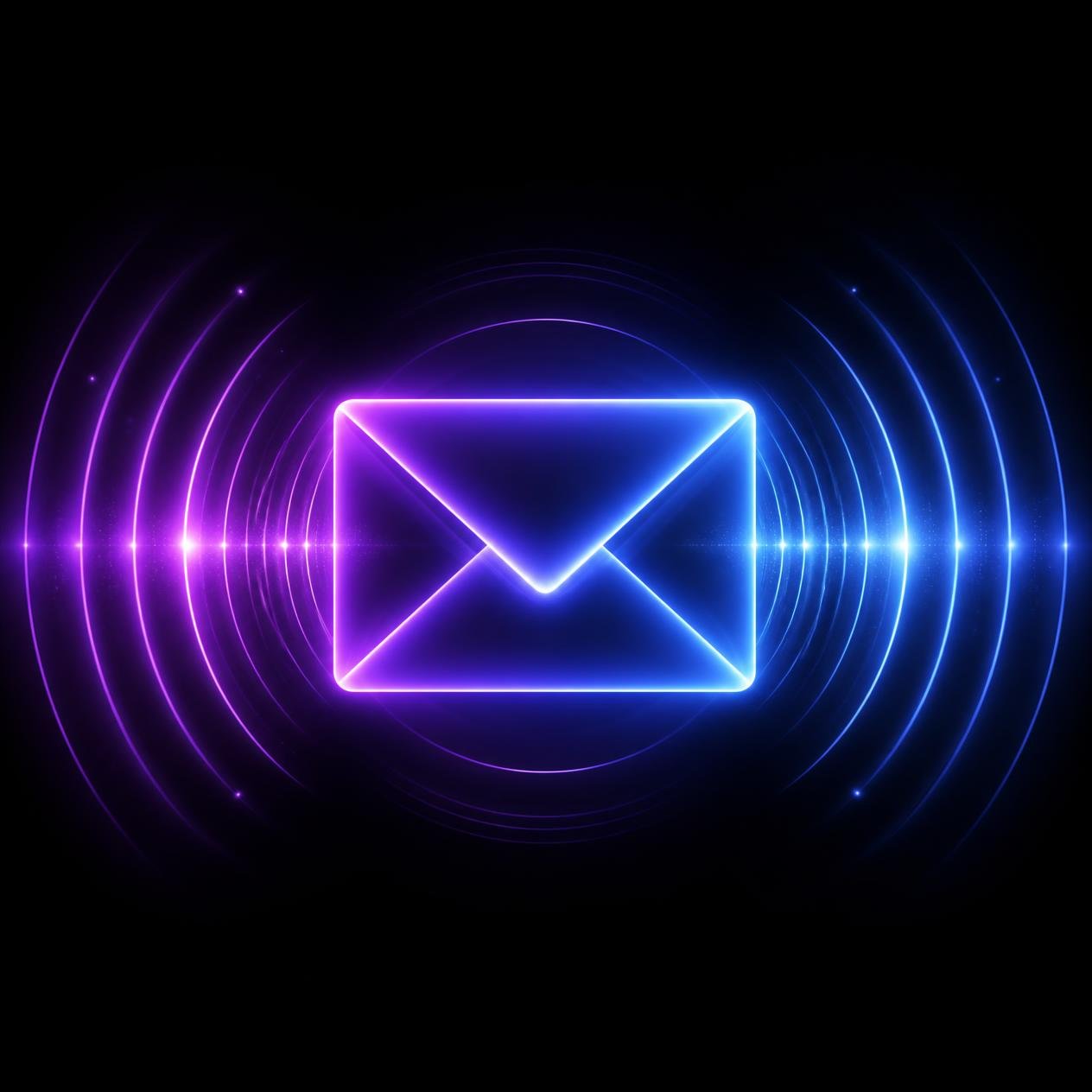 our-services-03 abstract glowing envelope or signal waves, purple and blue tech aesthetic, dark background, minimalist futuristic