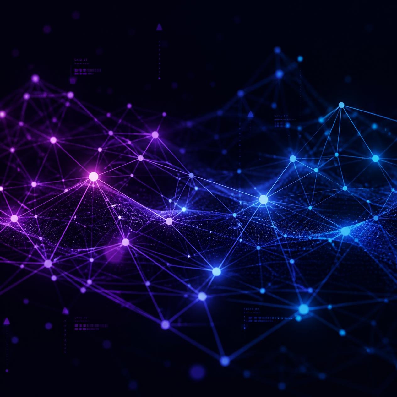 why-choose-us abstract network of connected glowing nodes and lines, purple and blue, futuristic data visualization, dark background, minimalist