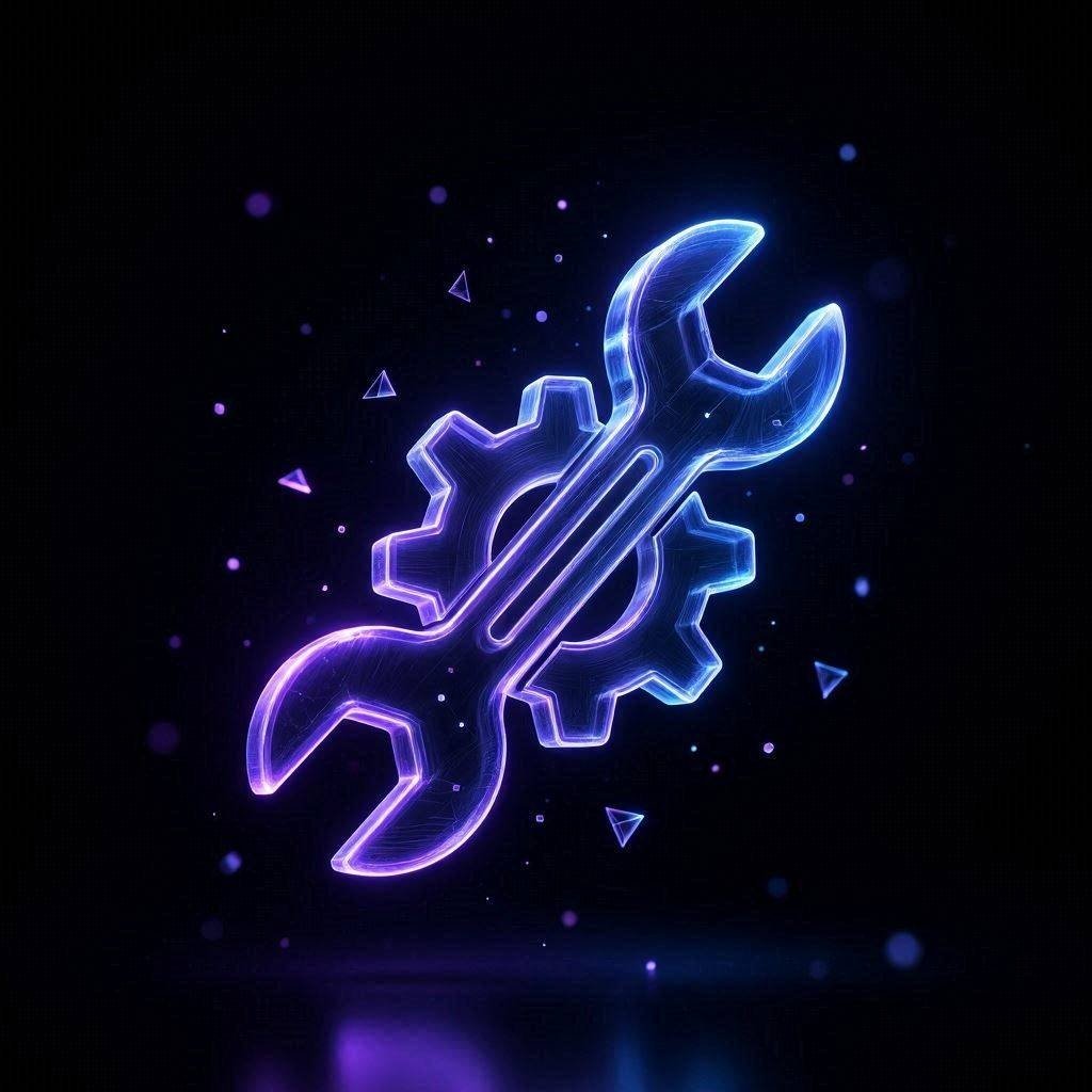 our-services-03 abstract 3d glowing wrench and gear icon made of light float
